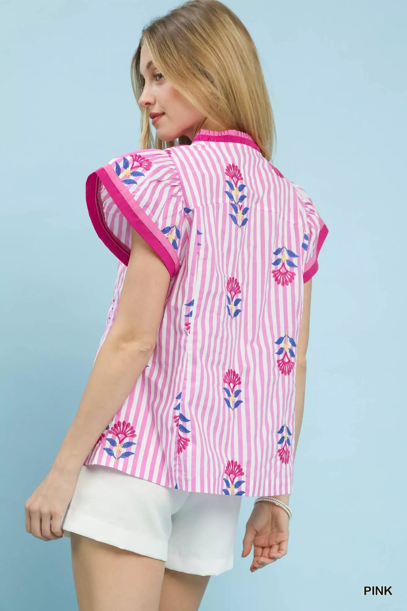 Floral embroidered striped blouse with flutter sleeves