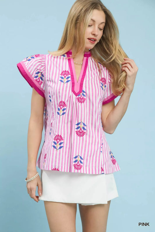 Floral embroidered striped blouse with flutter sleeves