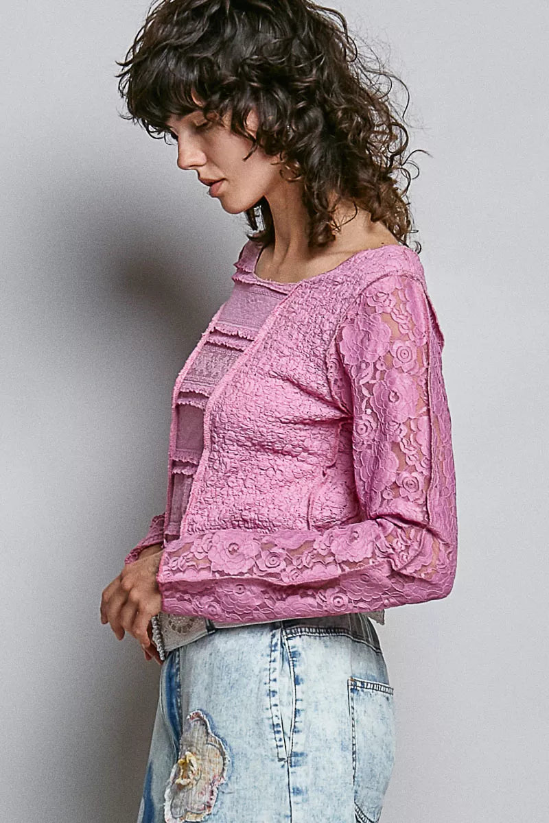 Pink lace long sleeve slim-fit top with patch detailing and high-low hem styled with light wash denim