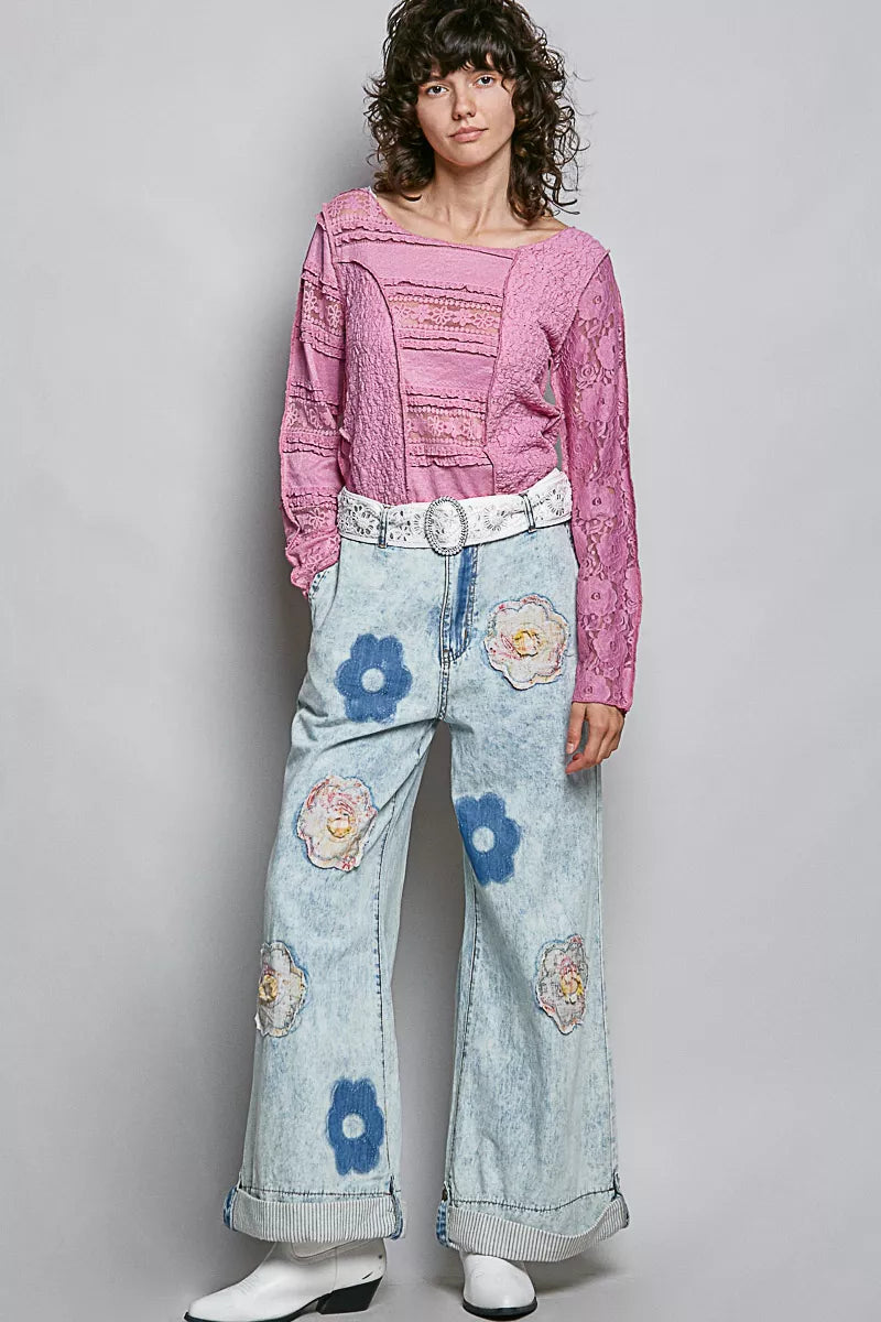 Pink lace long sleeve slim-fit top with patch detailing and high-low hem styled with light wash denim
