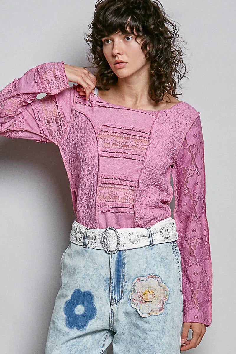 Pink lace long sleeve slim-fit top with patch detailing and high-low hem styled with light wash denim