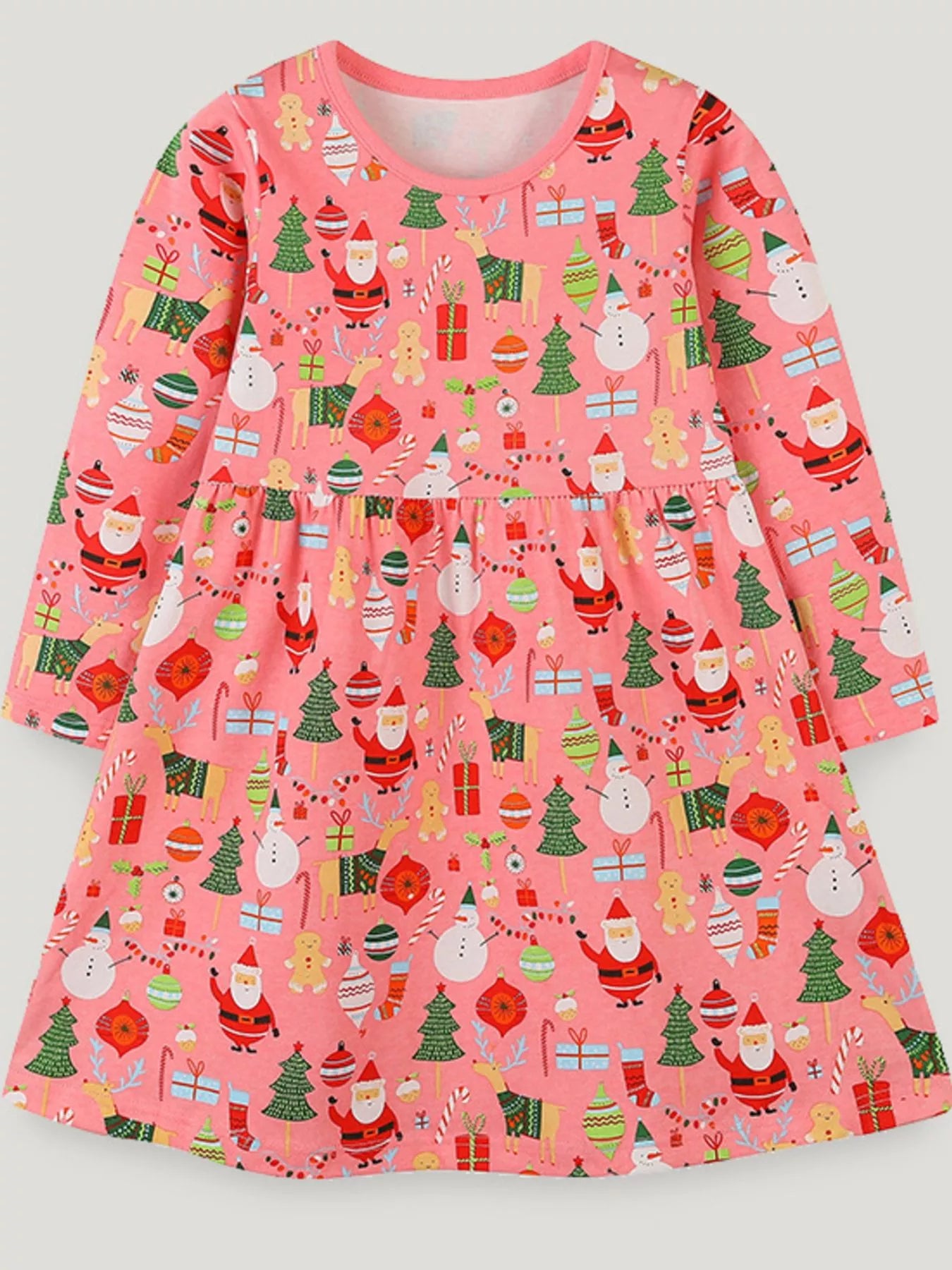 Pink Christmas-themed kids dress with Santa, reindeer, snowmen, gifts, gingerbread men, and ornaments printed all over.