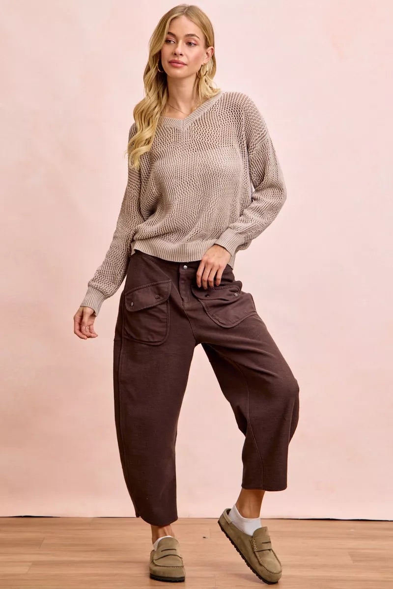 Brown wide-leg terry cargo lounge pants with oversized pockets on model