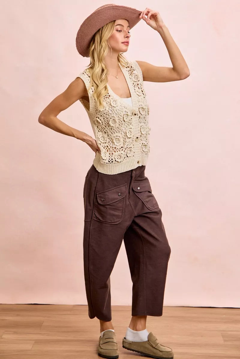 Brown wide-leg terry cargo lounge pants with oversized pockets on modelBrown wide-leg terry cargo lounge pants with oversized pockets on model
