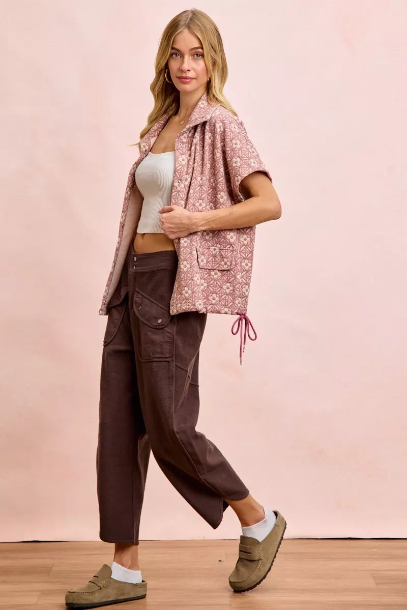 Brown wide-leg terry cargo lounge pants with oversized pockets on model