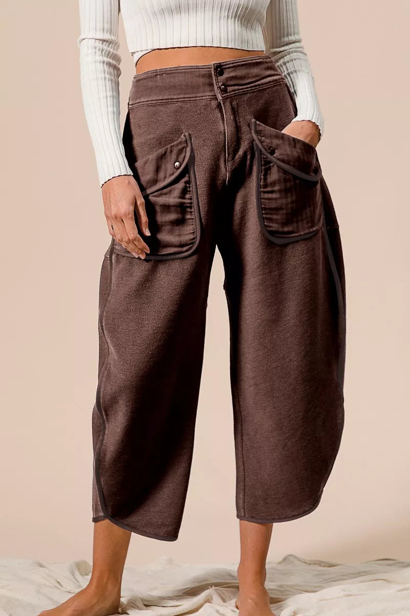 Brown wide-leg terry cargo lounge pants with oversized pockets on model