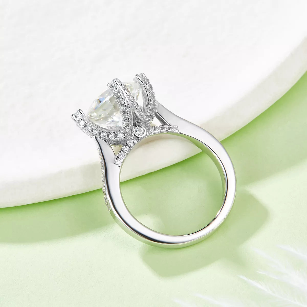 Diagonal cushion moissanite engagement ring with pavé band and gift-ready shine
