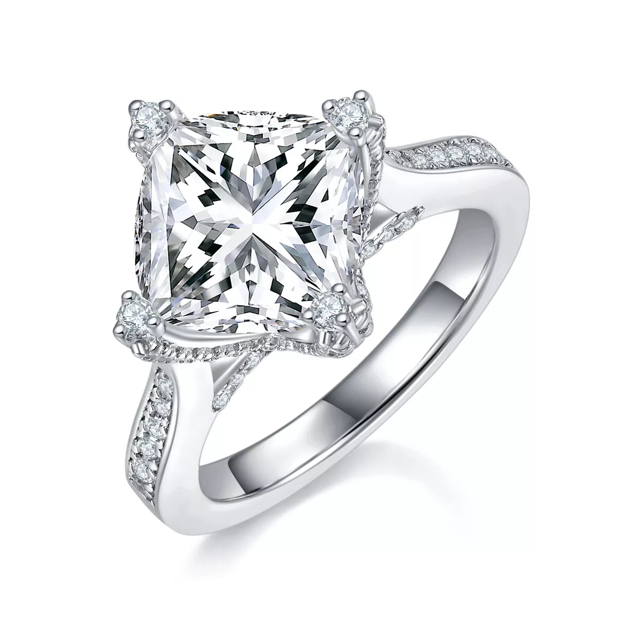 Diagonal cushion moissanite engagement ring with pavé band and gift-ready shine