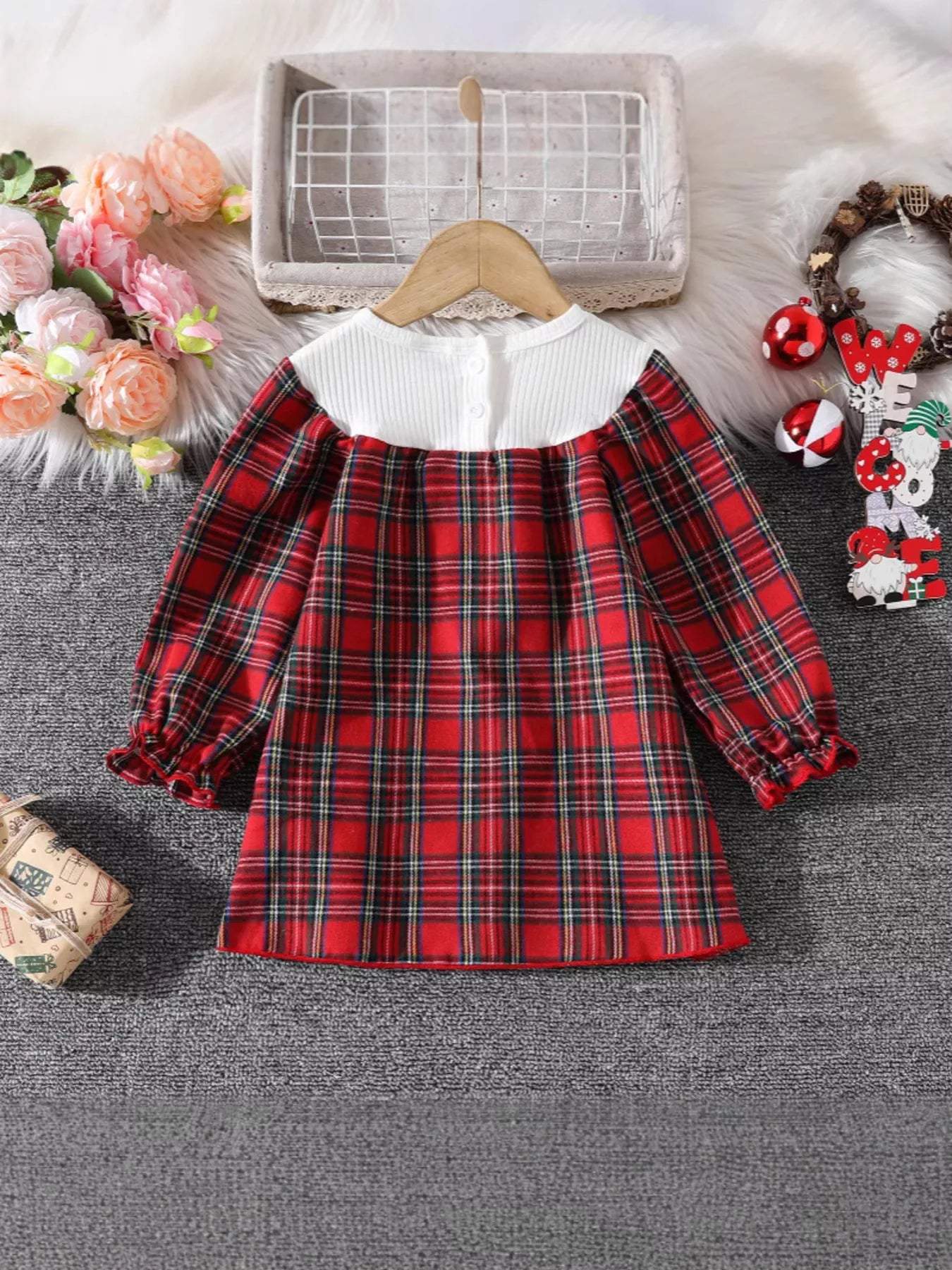 Back view of toddler red plaid Christmas dress with embroidered smocked collar
