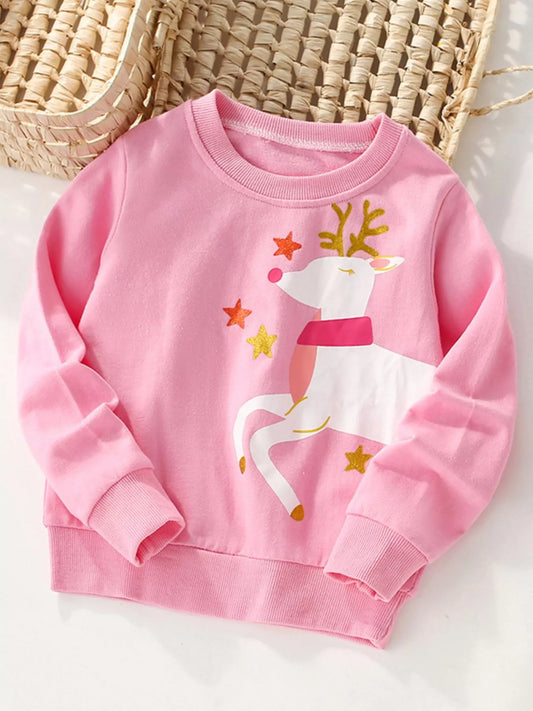 Cute holiday pink cotton sweatshirt with reindeer graphic and star details.