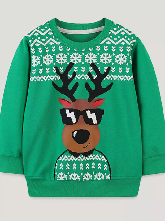 Green kids Christmas sweatshirt with a cool reindeer wearing sunglasses and white snowflake patterns.