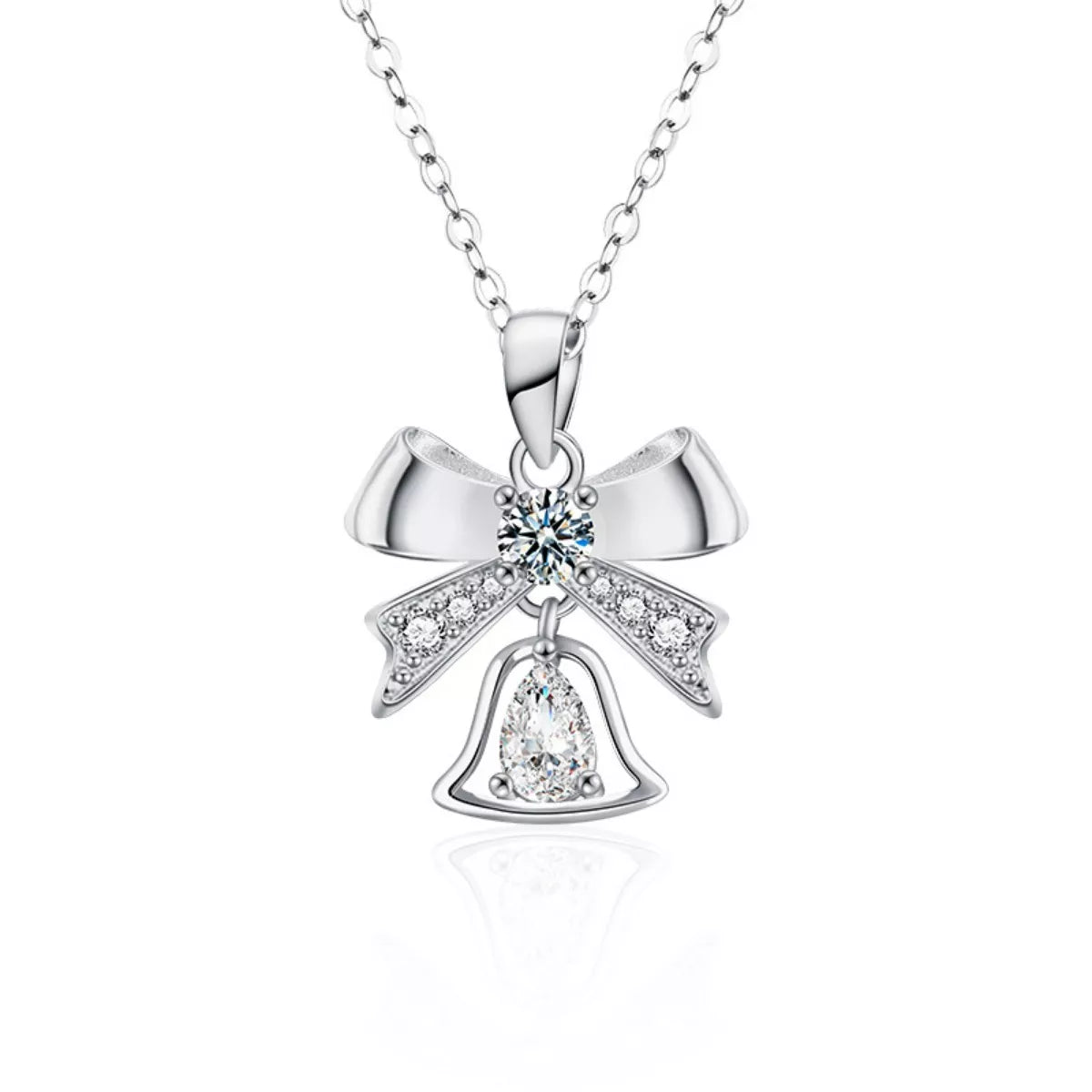 Close-up of Twinkling Holiday Bow Bell Moissanite Necklace with 0.5ct stone and delicate chain.