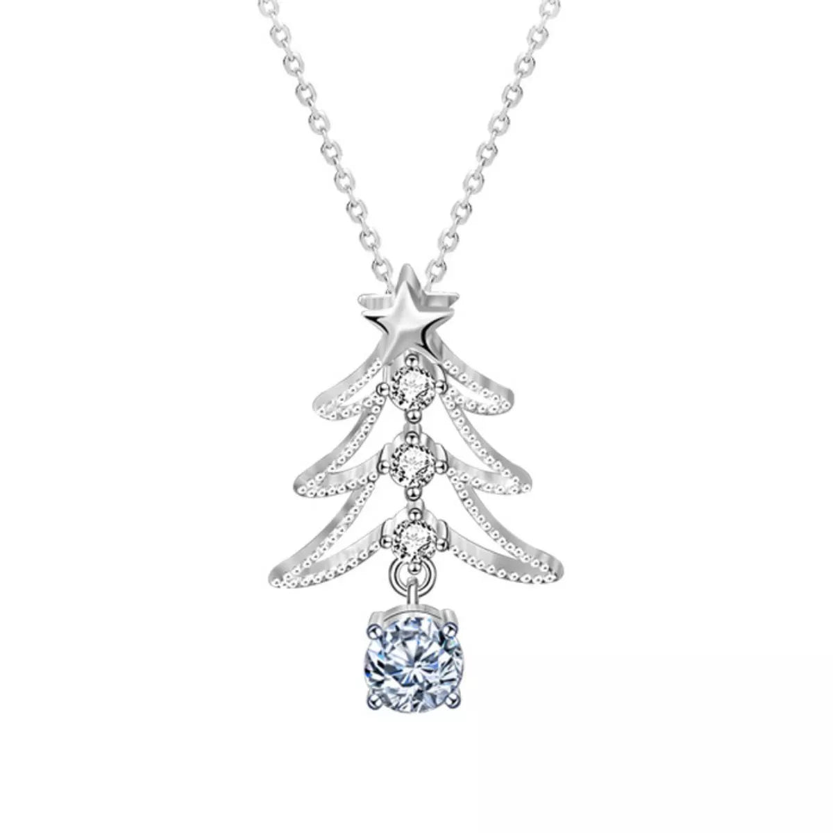 Sparkling sterling silver necklace shaped like a holiday tree with star top