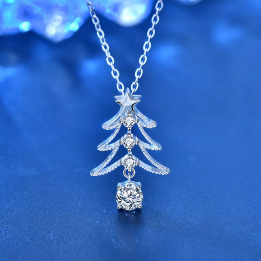 Sparkling sterling silver necklace shaped like a holiday tree with star top