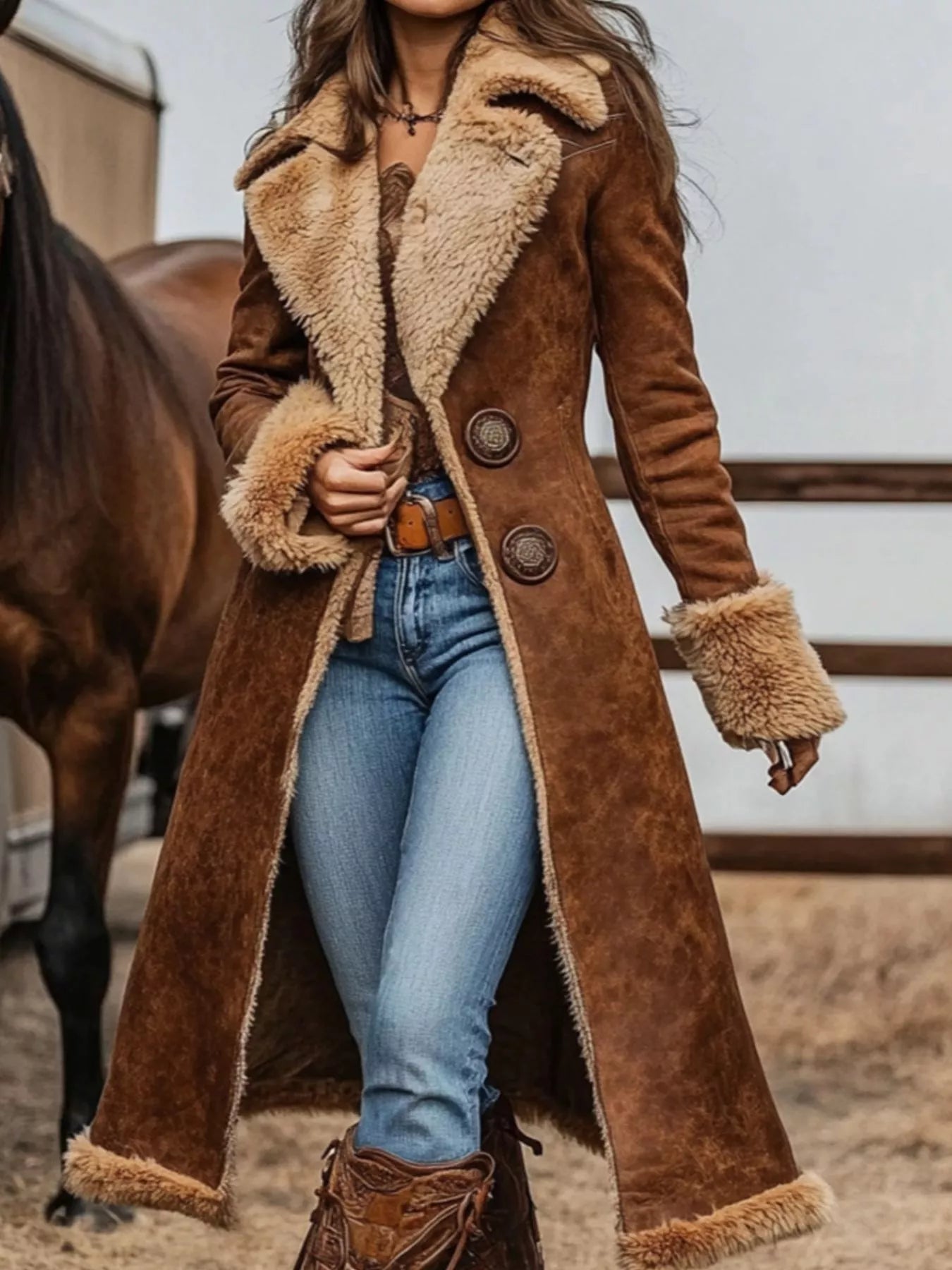Long brown faux suede sherpa duster coat styled with jeans and boots