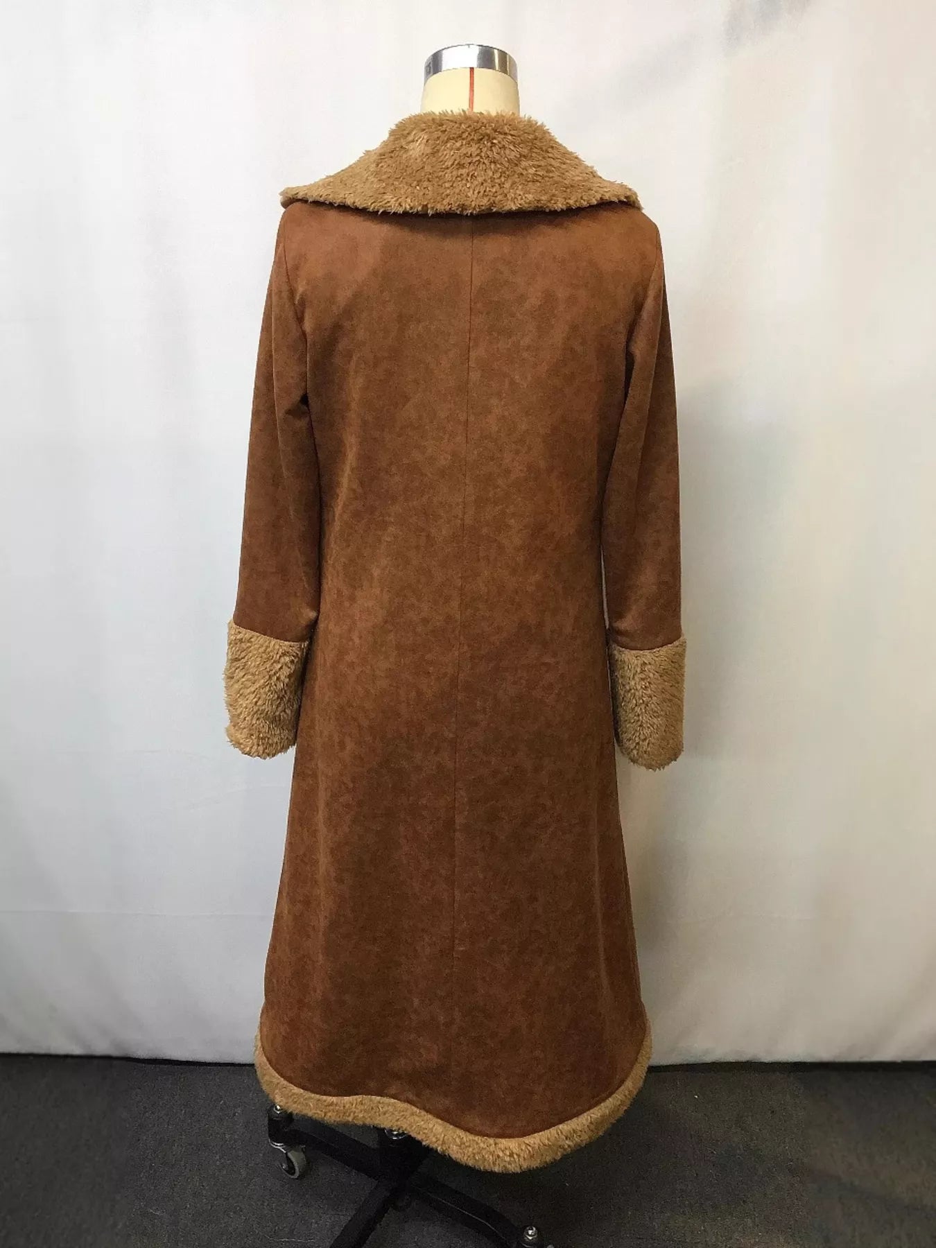Western-inspired long coat with oversized sherpa collar and cuffs