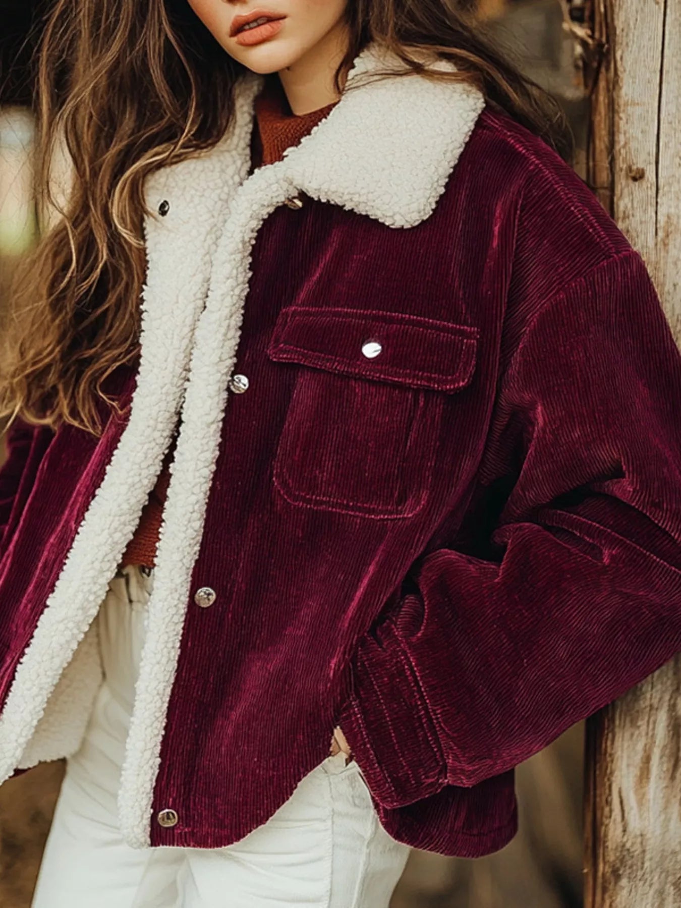 Cozy burgundy corduroy winter coat with fleece lining and pockets