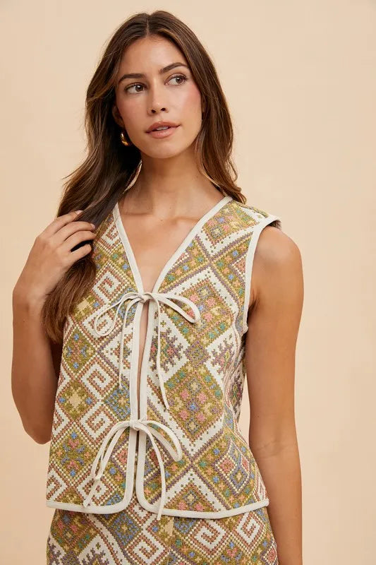 Annie Wear woven jacquard vest with embroidery, tie-front closure, and pockets – Wanderlust style from A Whimsical Affair.