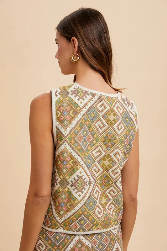 Annie Wear woven jacquard vest with embroidery, tie-front closure, and pockets – Wanderlust style from A Whimsical Affair.