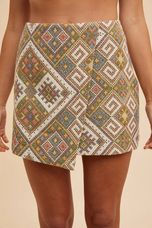 Annie Wear jacquard wrap mini skirt with ethnic-inspired woven jacquard and split detail – Wanderlust style from A Whimsical Affair.