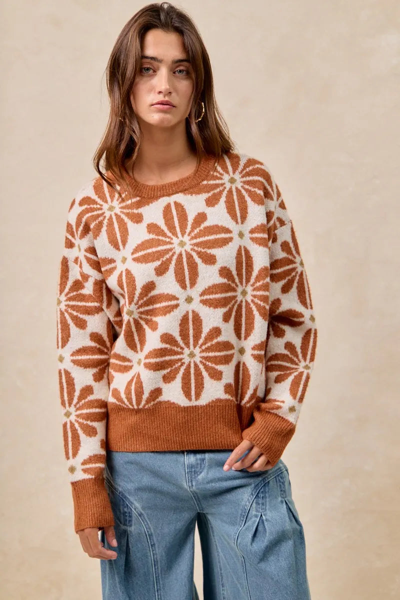 Rust and cream floral V-neck sweater with ribbed cuffs and hem – Autumn Bloom style from A Whimsical Affair.