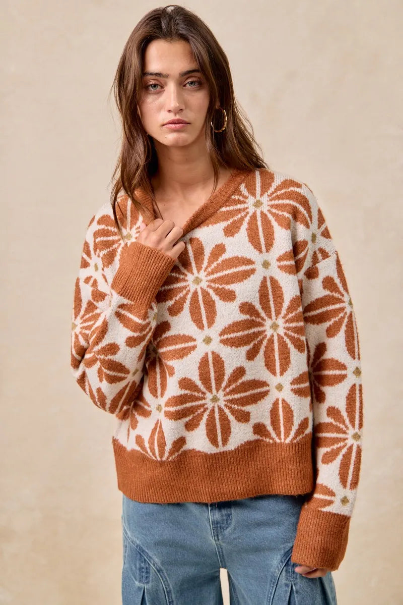 Rust and cream floral V-neck sweater with ribbed cuffs and hem – Autumn Bloom style from A Whimsical Affair.