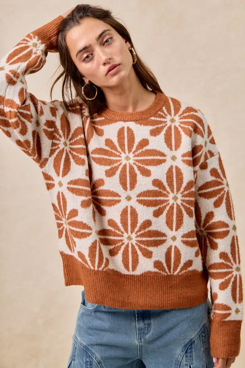 Rust and cream floral V-neck sweater with ribbed cuffs and hem – Autumn Bloom style from A Whimsical Affair.