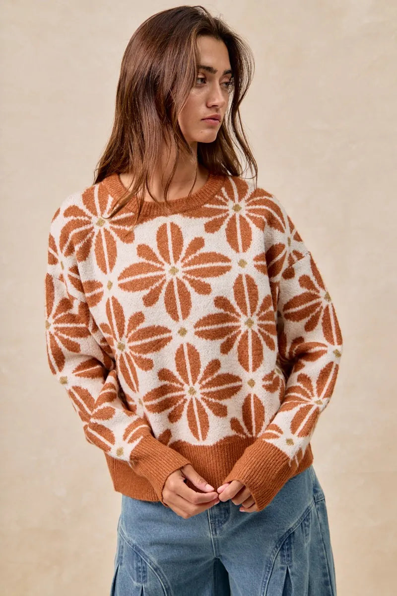 Rust and cream floral V-neck sweater with ribbed cuffs and hem – Autumn Bloom style from A Whimsical Affair.