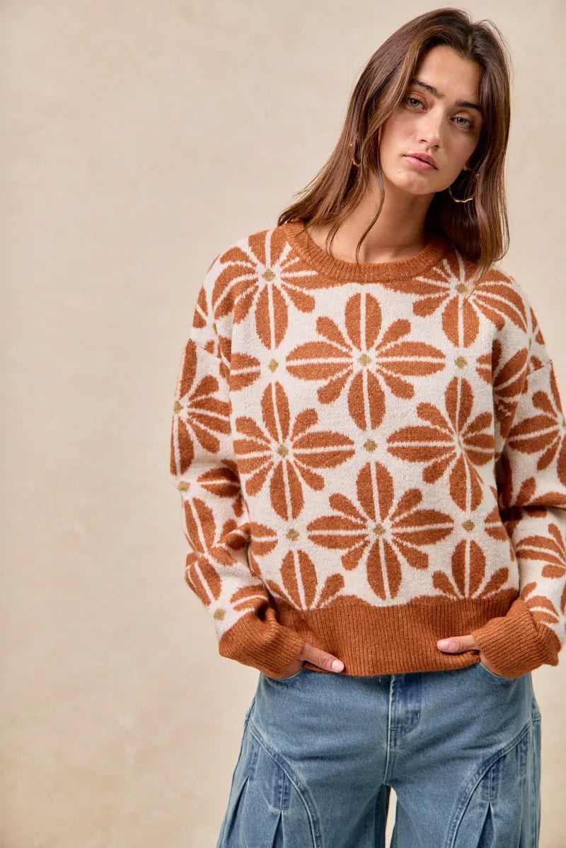 Rust and cream floral V-neck sweater with ribbed cuffs and hem – Autumn Bloom style from A Whimsical Affair.