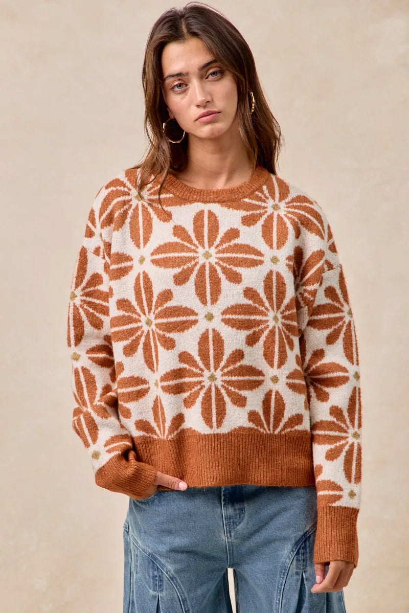 Rust and cream floral V-neck sweater with ribbed cuffs and hem – Autumn Bloom style from A Whimsical Affair.