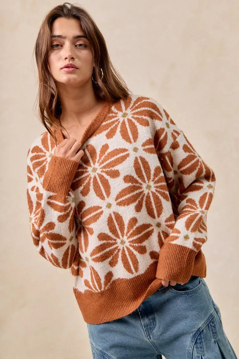 Rust and cream floral V-neck sweater with ribbed cuffs and hem – Autumn Bloom style from A Whimsical Affair.