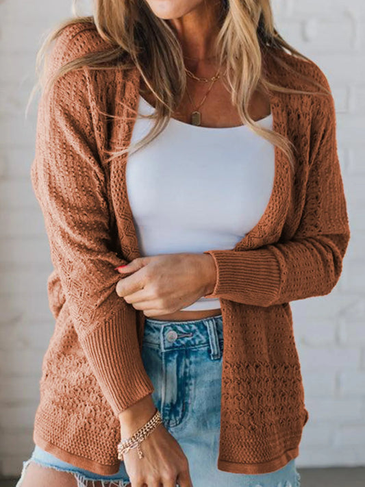 Autumn Breeze Eyelet Cardigan in caramel – open front knit sweater with delicate eyelet details.
