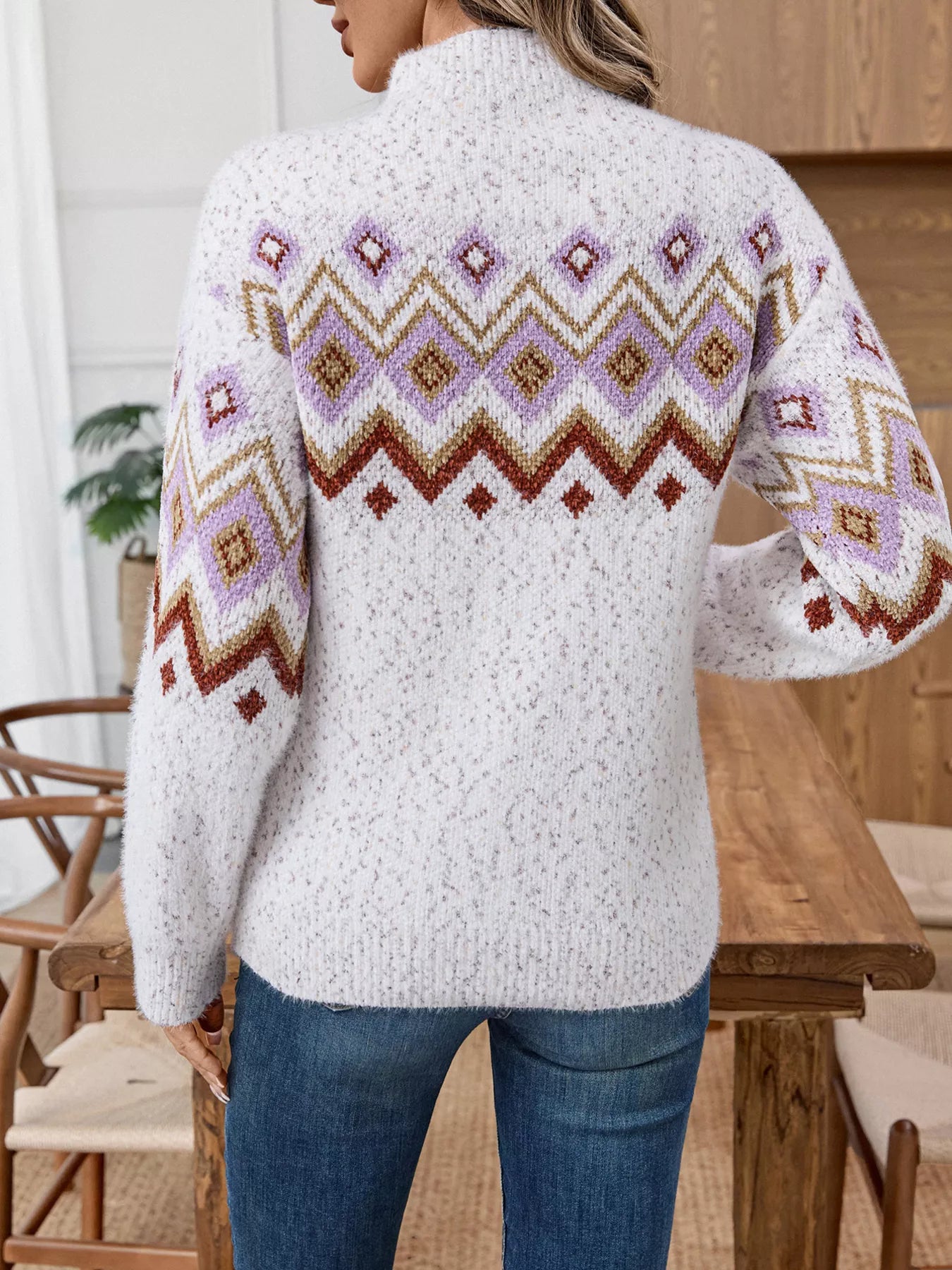 Speckled knit sweater with diamond and zigzag pattern across chest – Autumn Echo style from A Whimsical Affair.