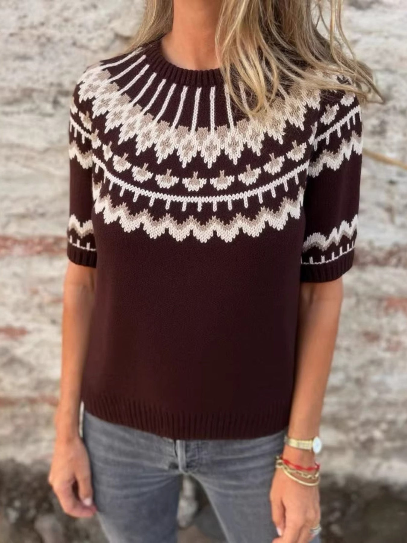 brown Nordic pattern knit sweater with short sleeves