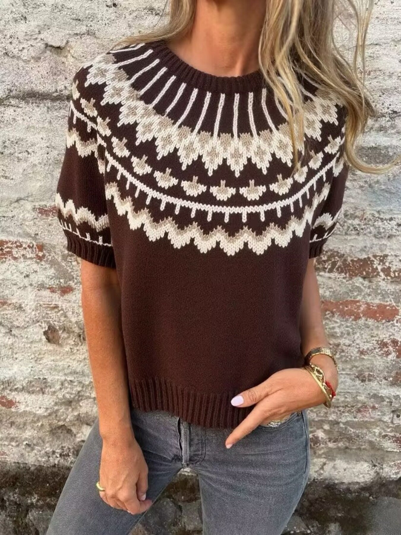 brown Nordic pattern knit sweater with short sleeves