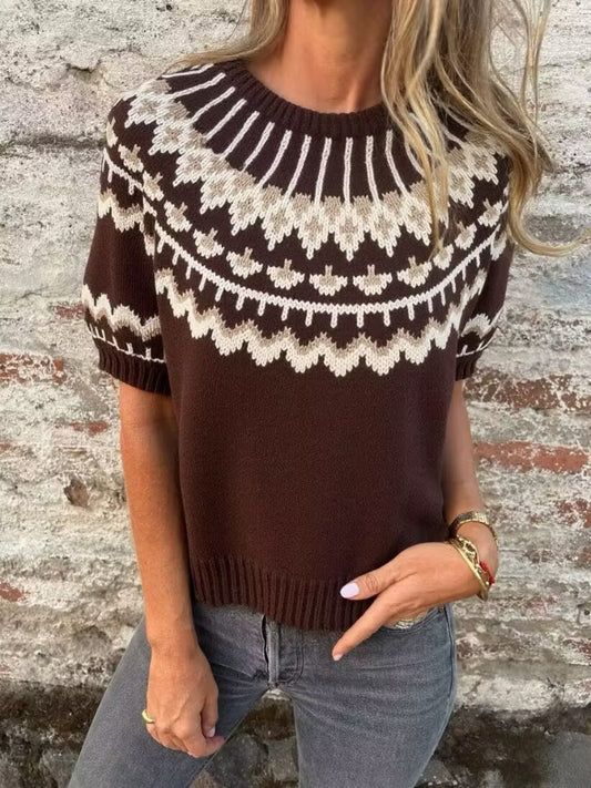 brown Nordic pattern knit sweater with short sleeves