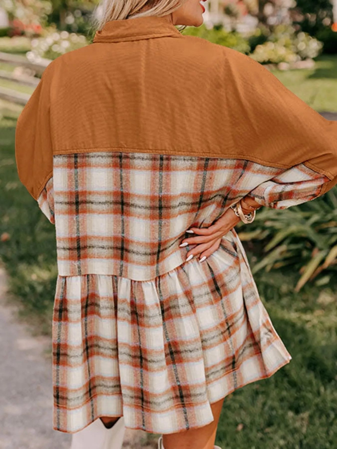 Autumn Stroll Plaid Mini Dress – button-front plaid mini with chest pockets in rustic autumn tones.