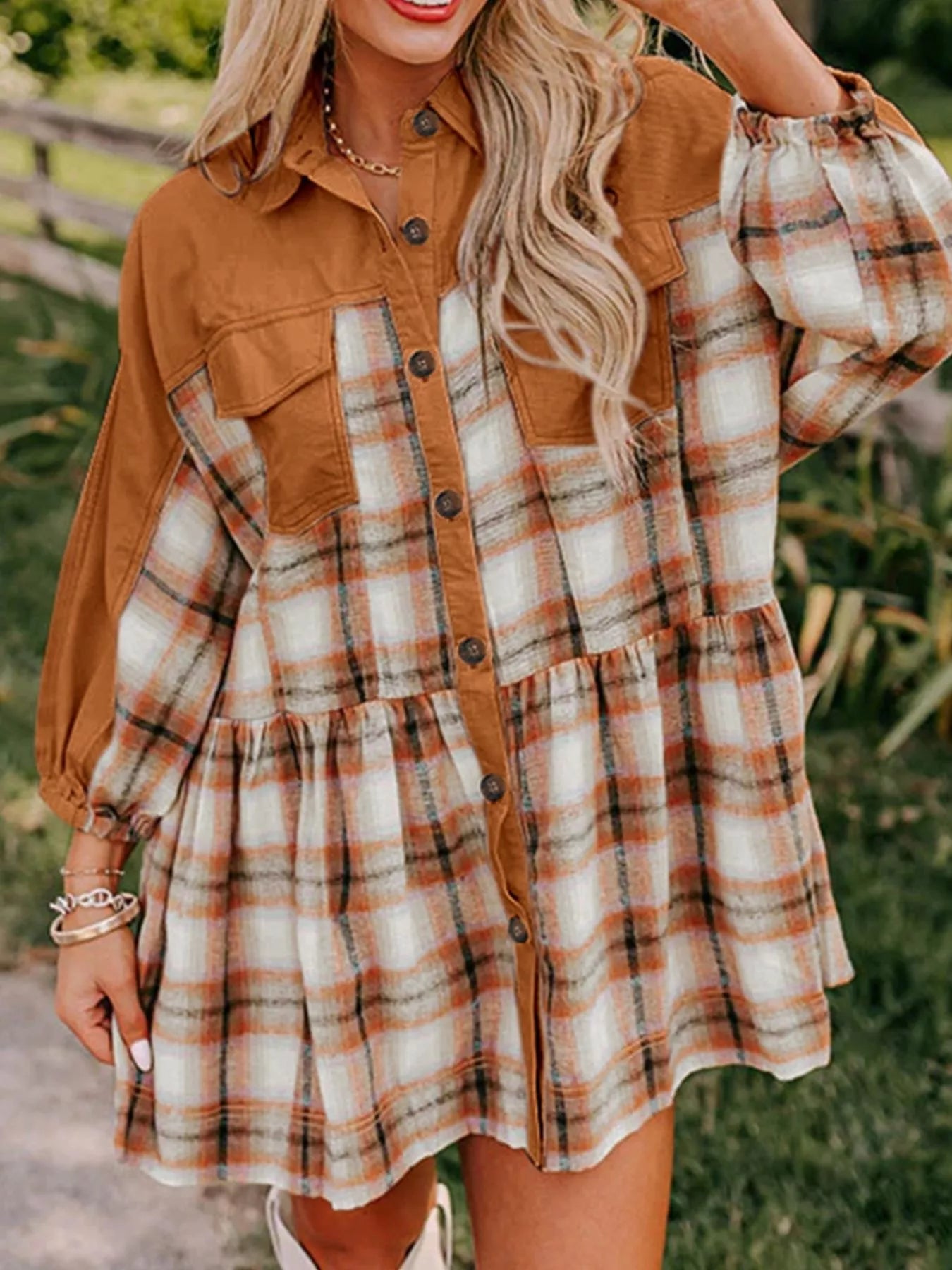Autumn Stroll Plaid Mini Dress – button-front plaid mini with chest pockets in rustic autumn tones.