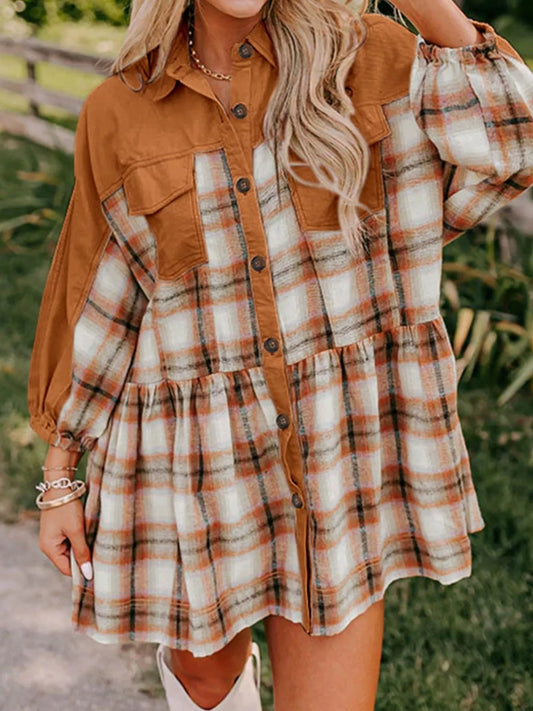 Autumn Stroll Plaid Mini Dress – button-front plaid mini with chest pockets in rustic autumn tones.
