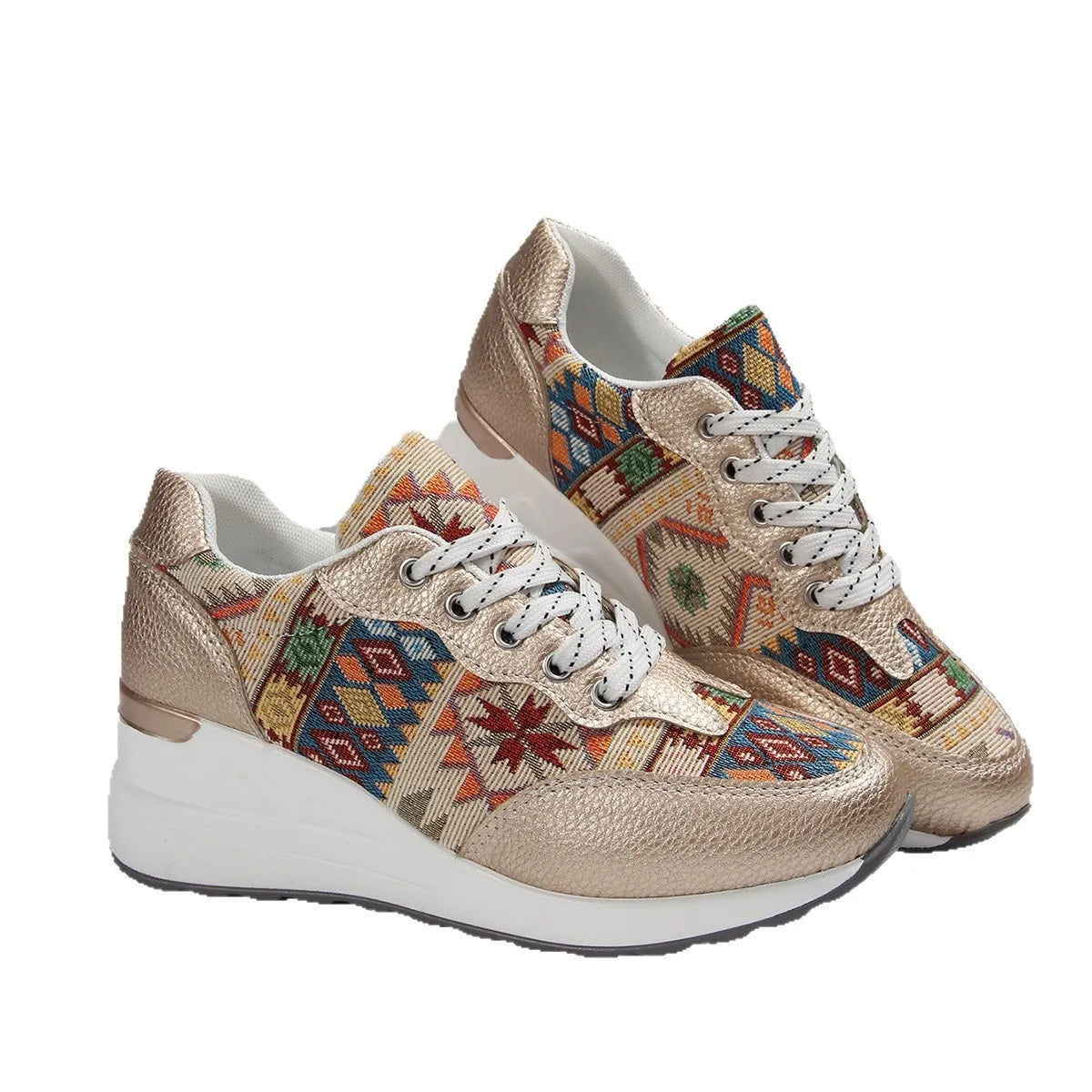 A pair of Aztec Rise Wedge Sneakers with colorful geometric patterns, lace-up design, and hidden wedge heel in cream and khaki color options