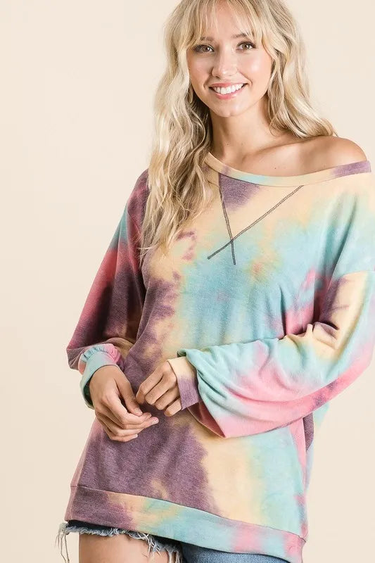 BiBi Tie Dye Print French Terry Sweatshirt – colorful French terry pullover with vibrant tie-dye design.