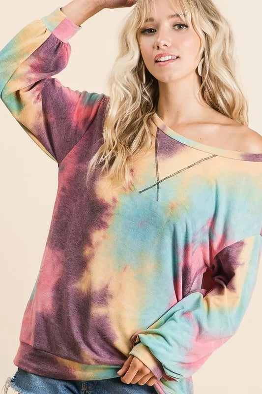 BiBi Tie Dye Print French Terry Sweatshirt – colorful French terry pullover with vibrant tie-dye design.