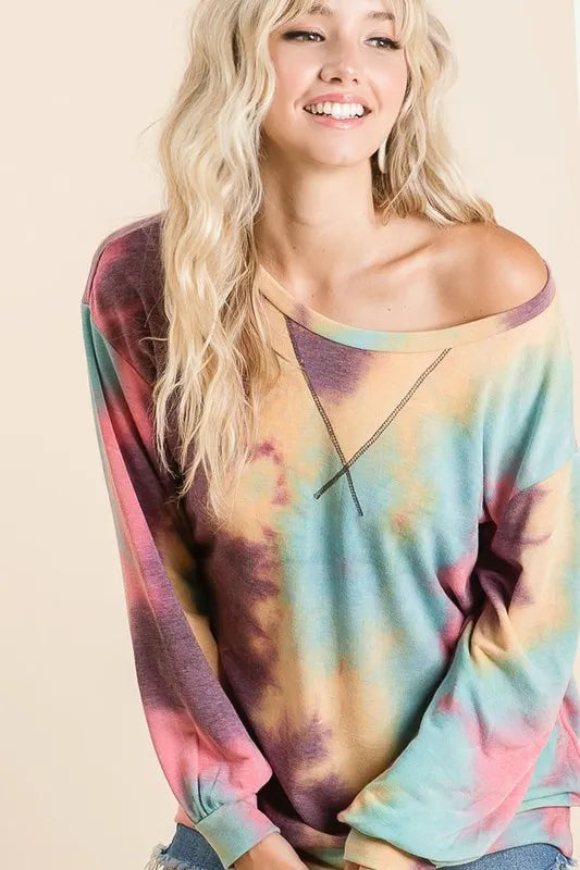 BiBi Tie Dye Print French Terry Sweatshirt – colorful French terry pullover with vibrant tie-dye design.