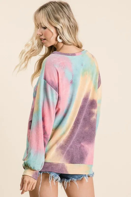 BiBi Tie Dye Print French Terry Sweatshirt – colorful French terry pullover with vibrant tie-dye design.