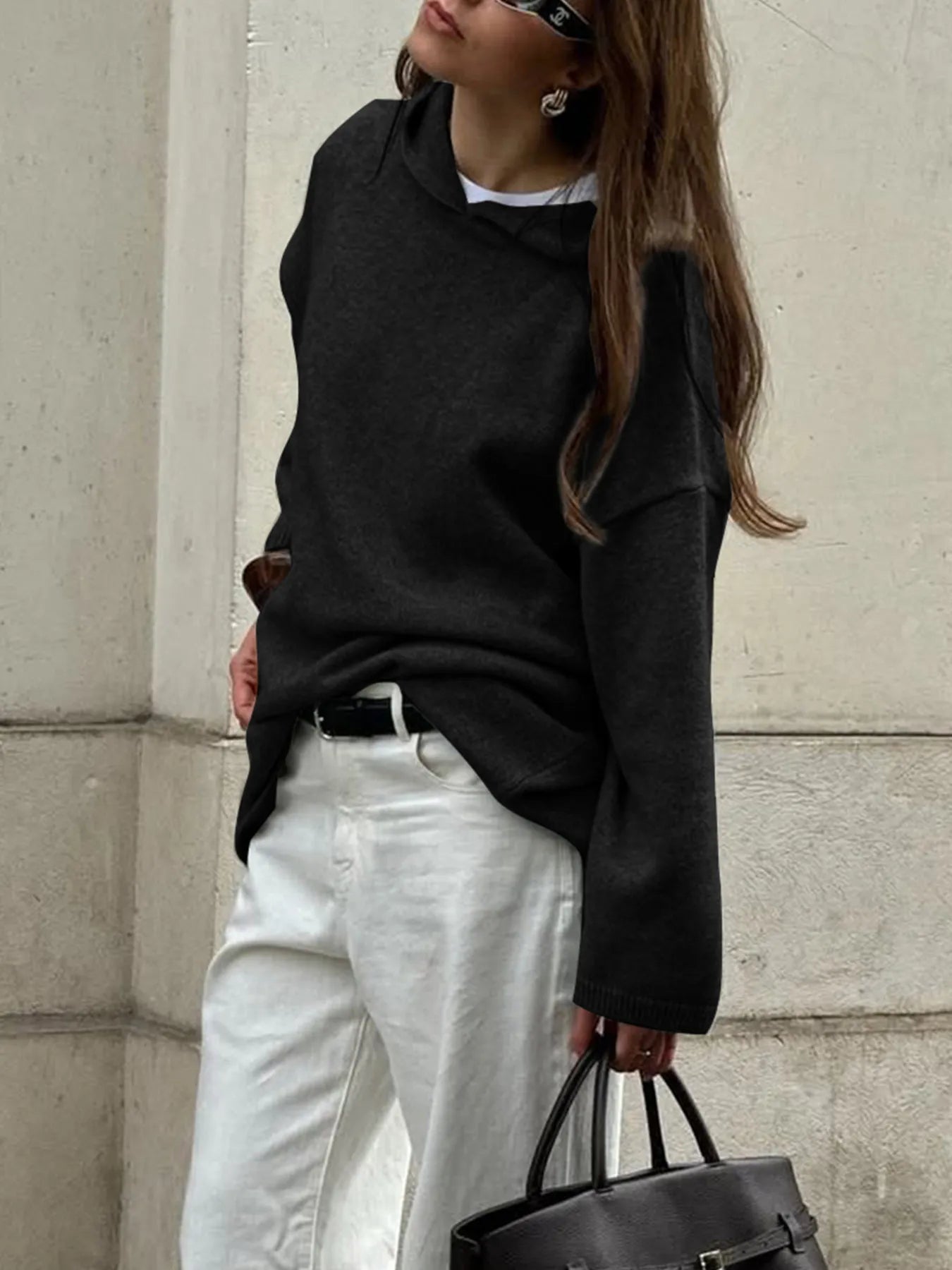 Oversized hooded sweater with long sleeves, available in brown, grey, black, and burgundy – Cozy Haven style from A Whimsical Affair.