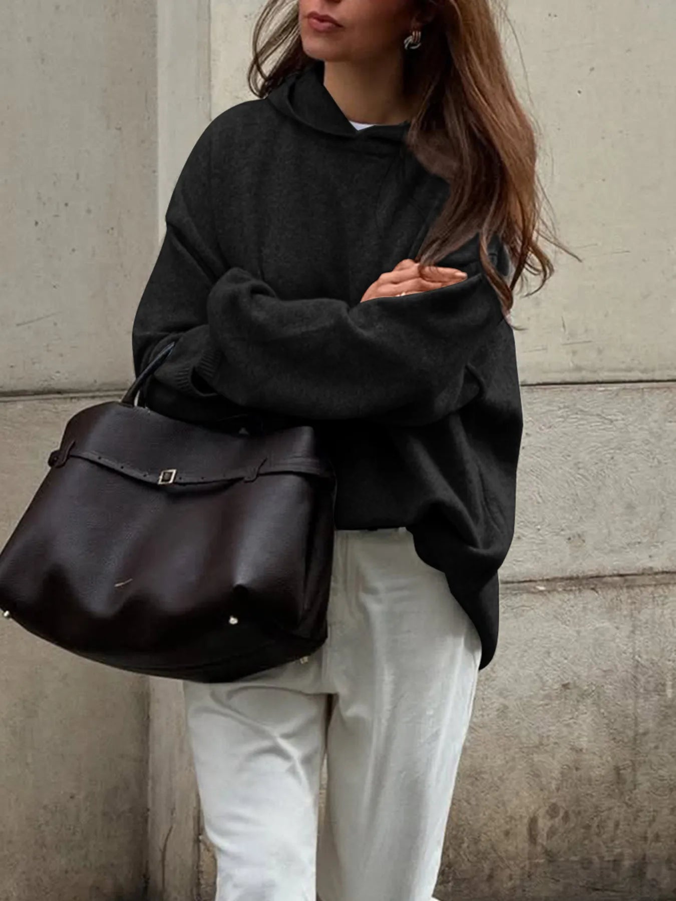 Oversized hooded sweater with long sleeves, available in brown, grey, black, and burgundy – Cozy Haven style from A Whimsical Affair.