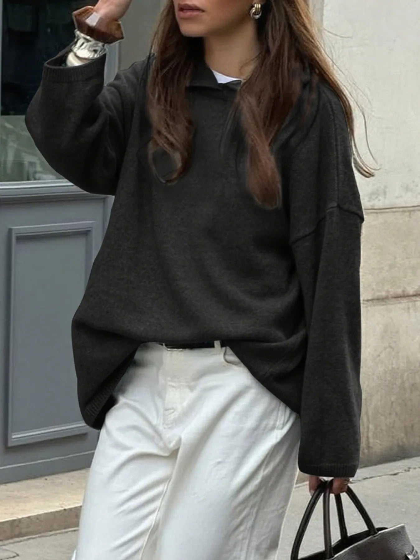 Oversized hooded sweater with long sleeves, available in brown, grey, black, and burgundy – Cozy Haven style from A Whimsical Affair.