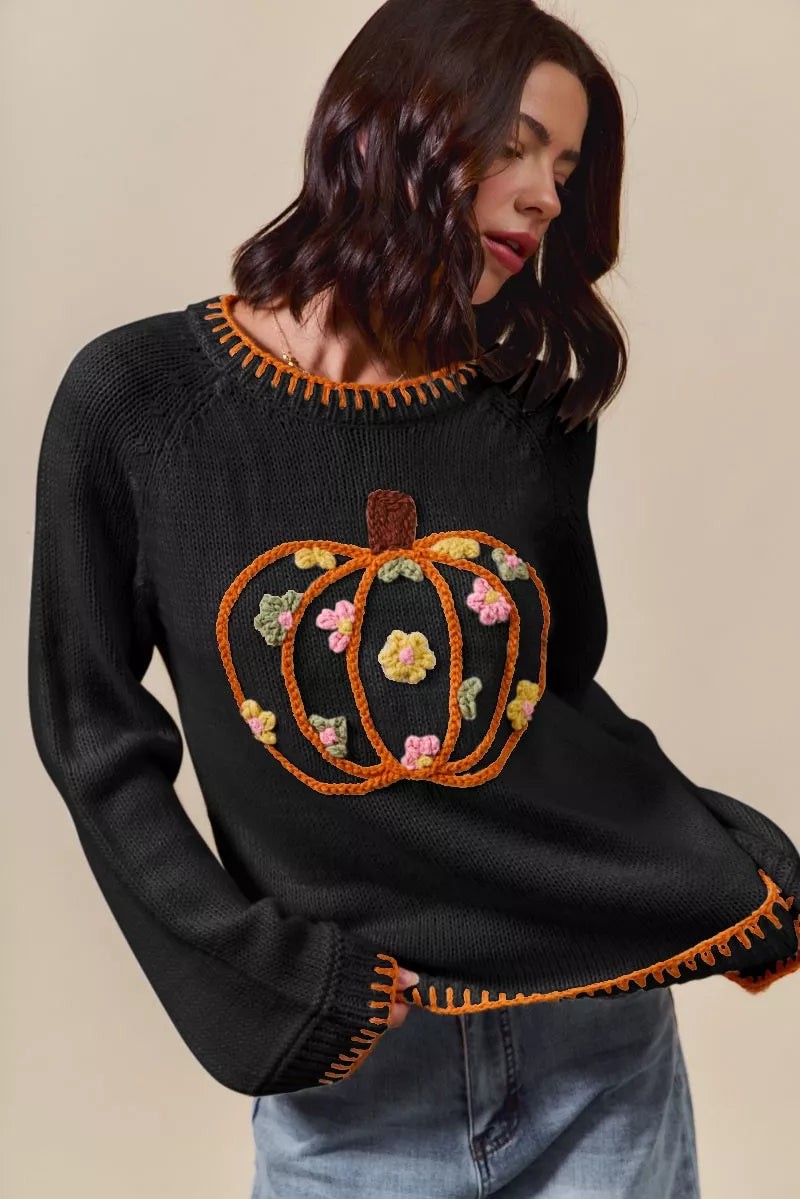 Pumpkin Blossom Sweater – black knit sweater with floral embroidered pumpkin design, cozy fall Thanksgiving sweater.