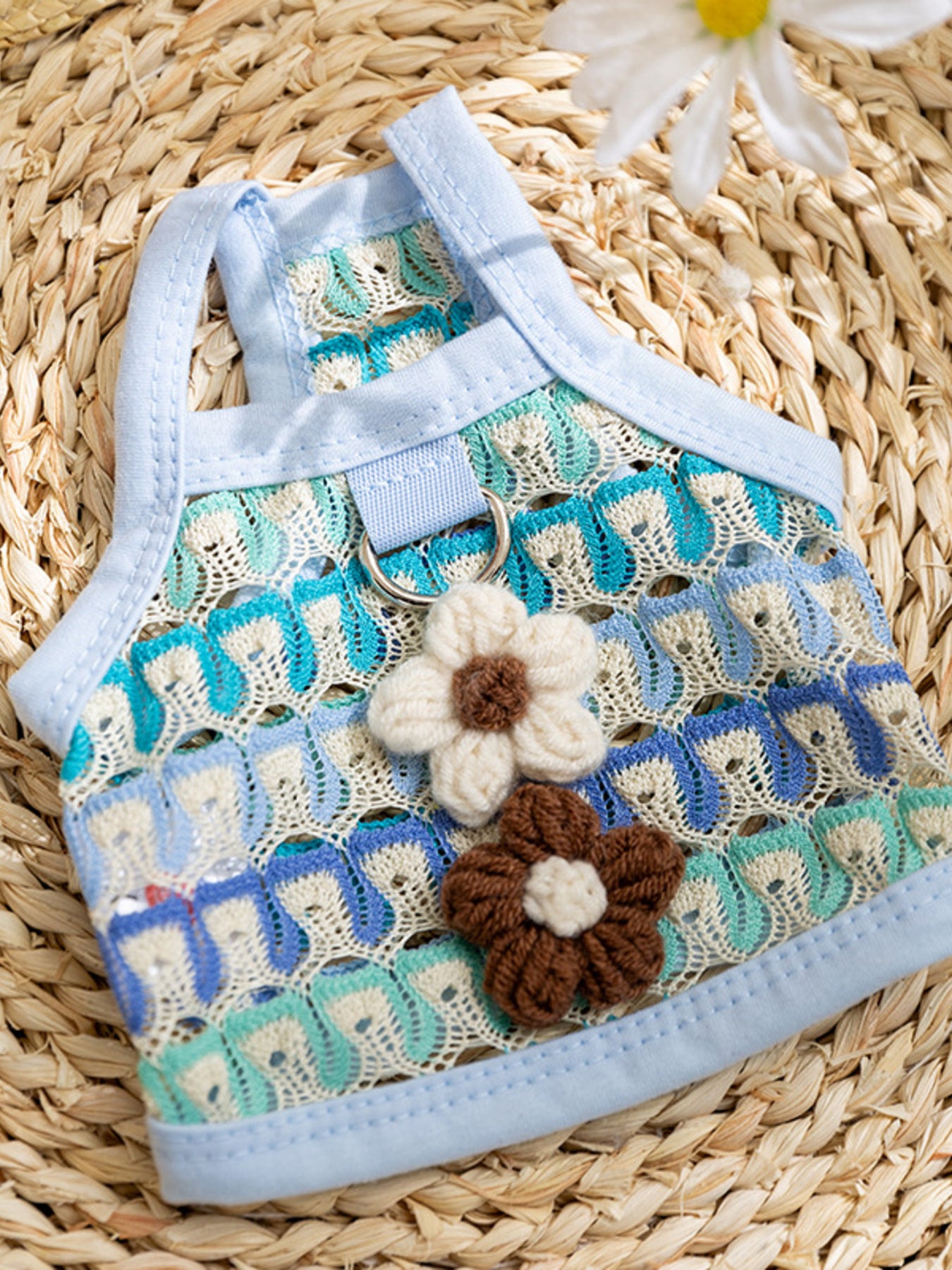 Colorful embroidered lace pet harness tops with floral accents for dogs