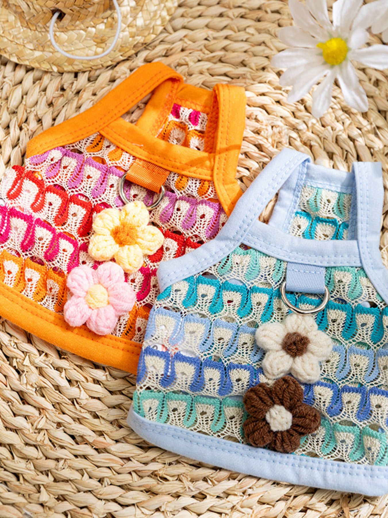 Colorful embroidered lace pet harness tops with floral accents for dogs